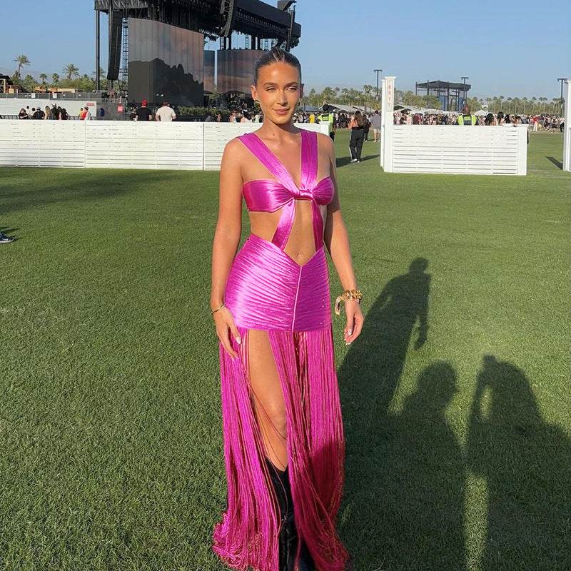 Butterfly Strap Exposed Cropped Strap Length Tassel Dress - REBECATHELABEL