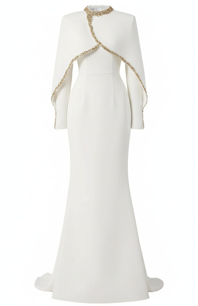 Cape Long Sleeve Embellished Maxi Dress