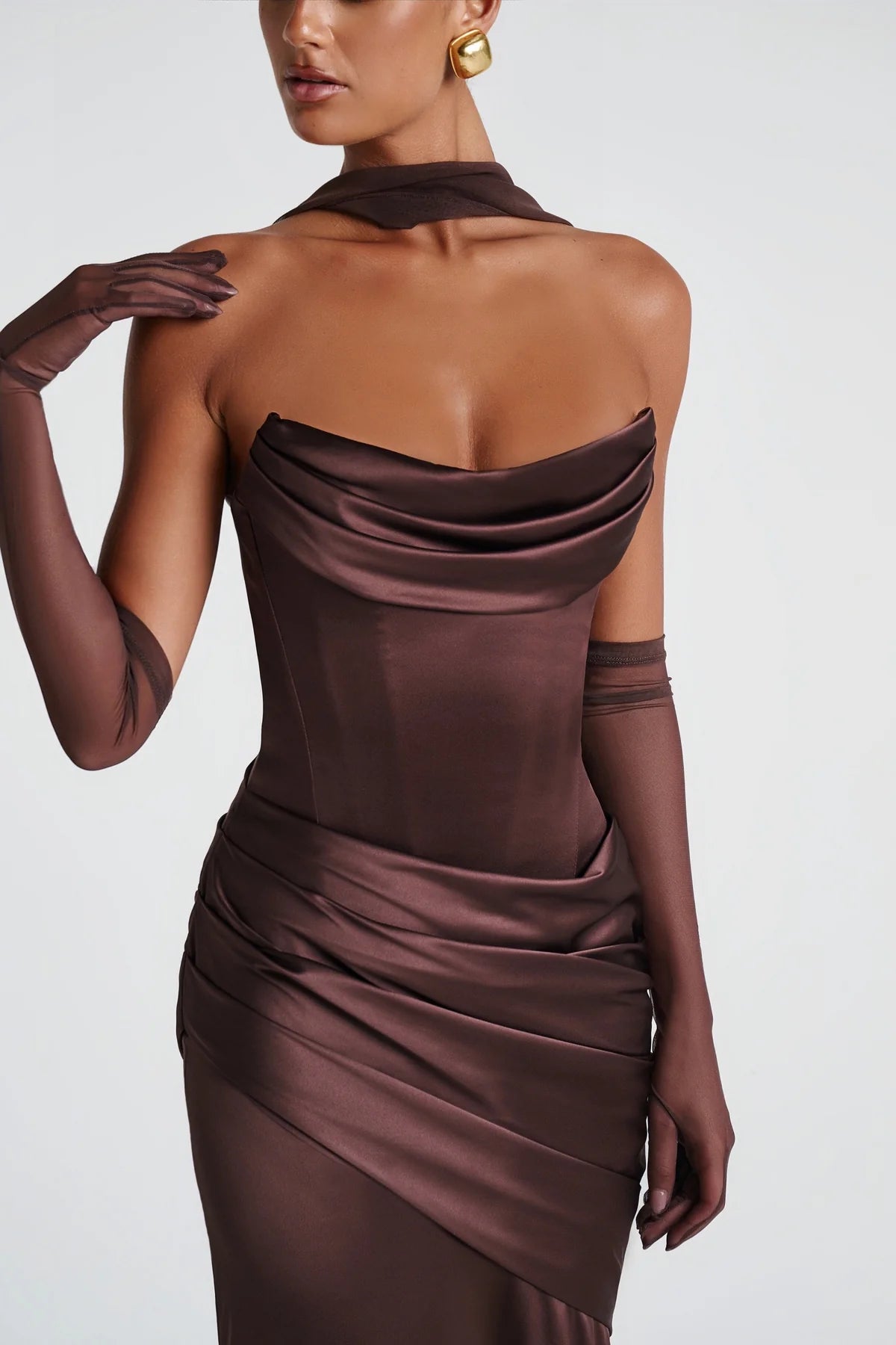 Brown Ruched Satin Maxi Dress