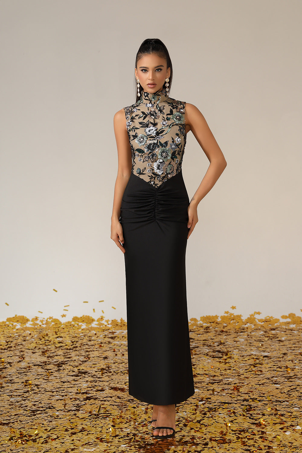 Halter Neck Flower Sequin Mesh Patchwork Long Dress