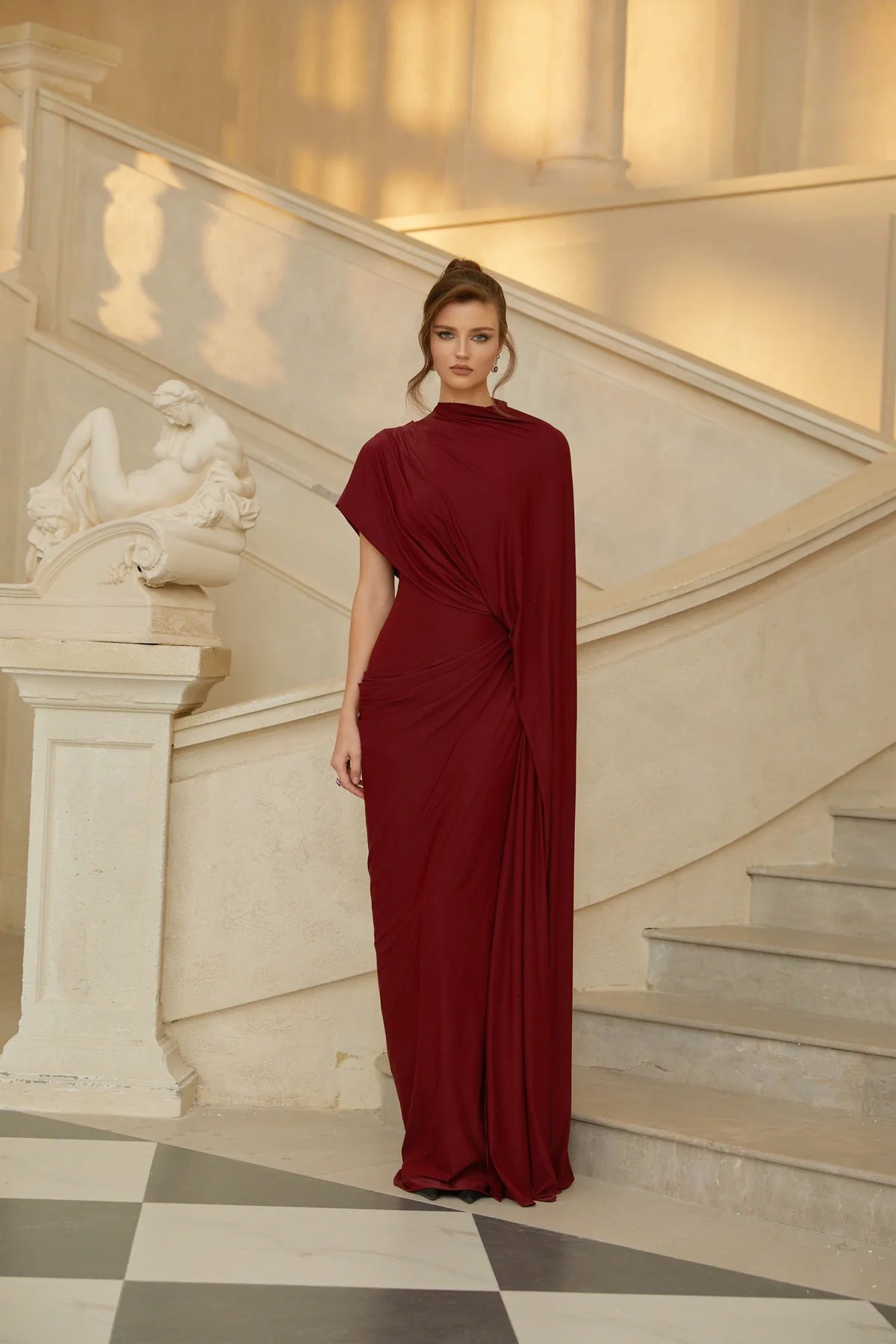 Red Asymmetrical Draped Cape & Dress Matching Set