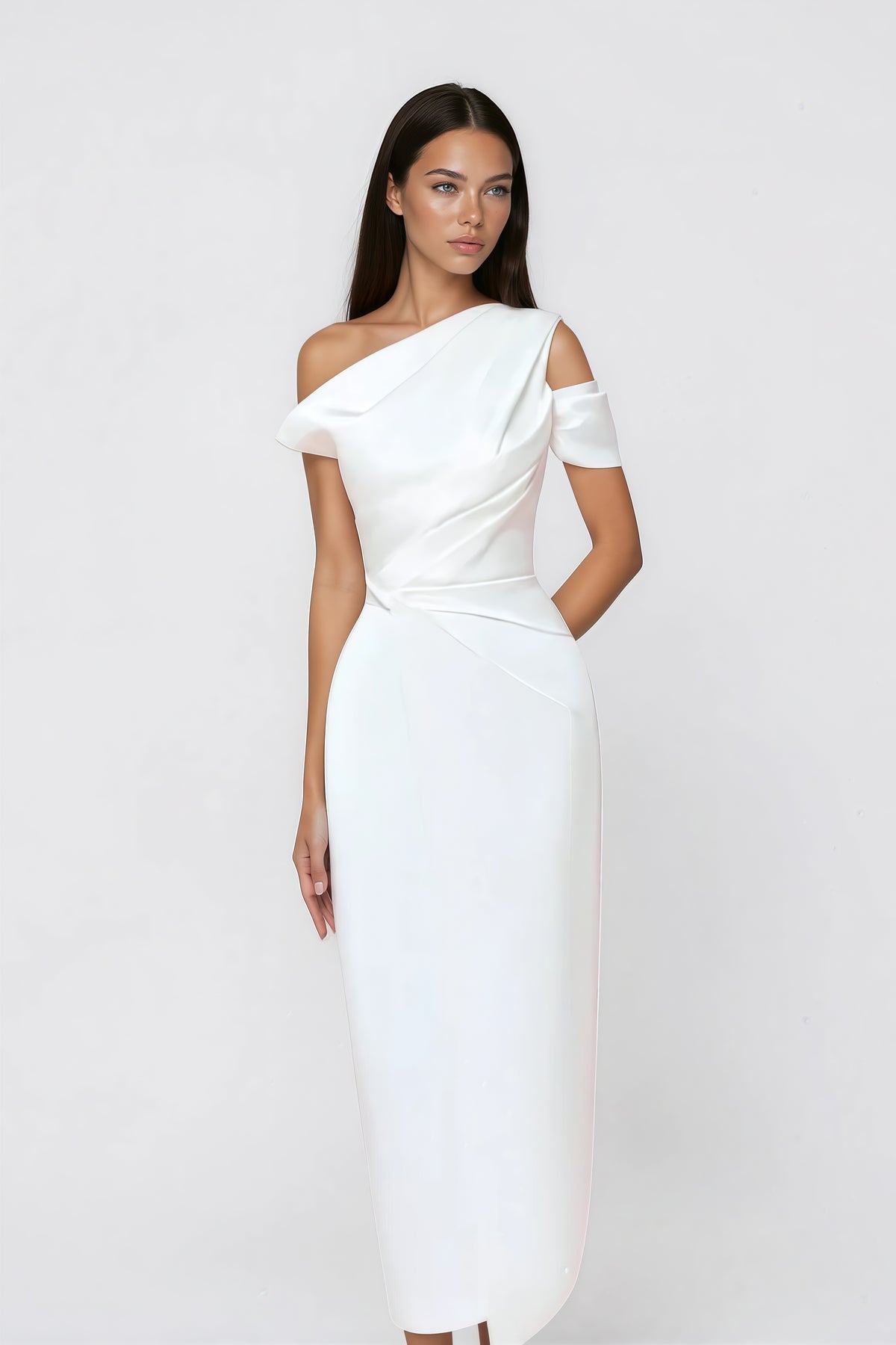 White One Shoulder Asymmetrical Midi Dress