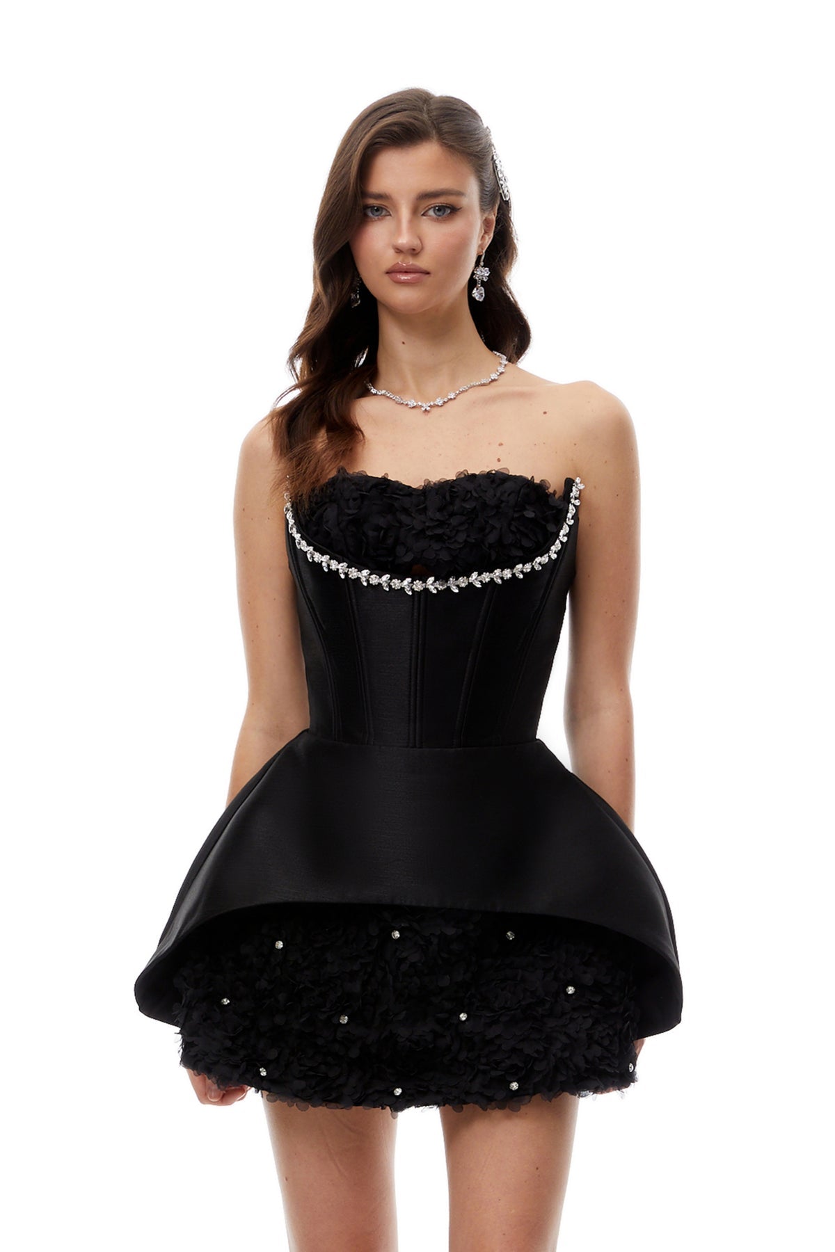 Black Embellished Floral Panel Mini Dress