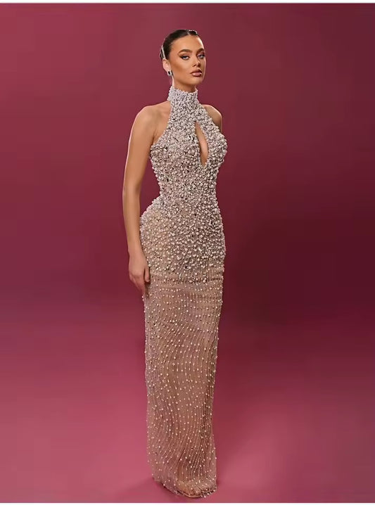 Pearl Elegant Sexy Slim Bag Hip Split Party Dinner Evening Dress