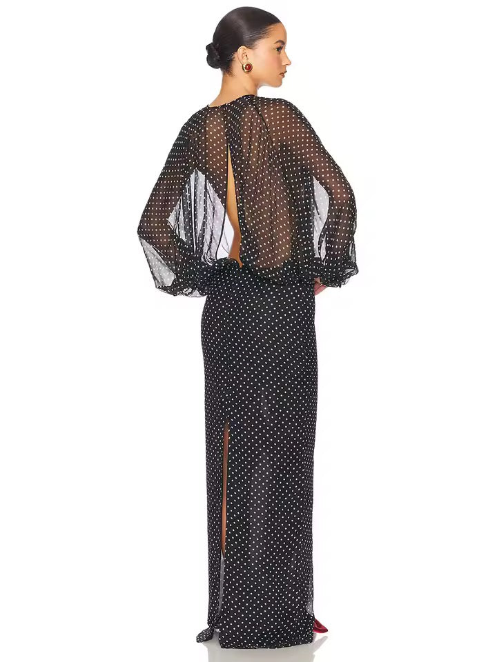 Black Dot Long Sleeve See-Through Maxi Dress