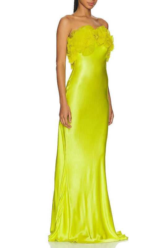 3D Flower Satin Off Shoulder Maxi Dress