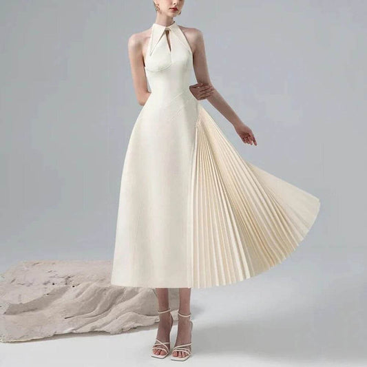 Collar, Hollow out Sleeveless Spliced pleated waist,dress - REBECATHELABEL