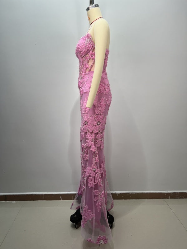 Three-dimensional Heavy Industry Dish Flower Beading Sexy Tube Top Split Party Dress