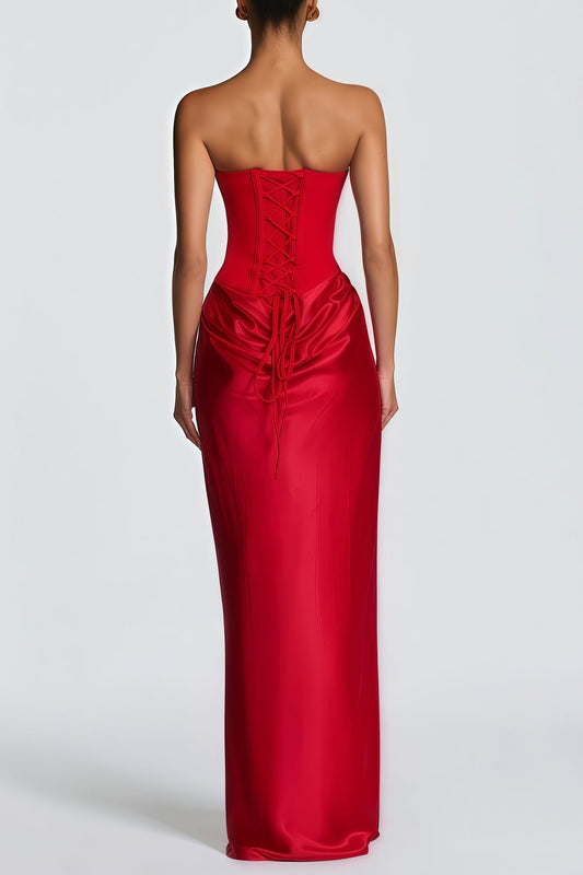 Red Scarf Off Shoulder Ruched Maxi Dress