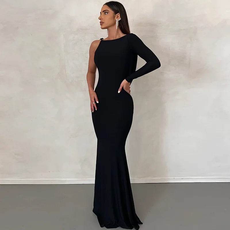 One Shoulder Backless Maxi Dress In Black - REBECATHELABEL