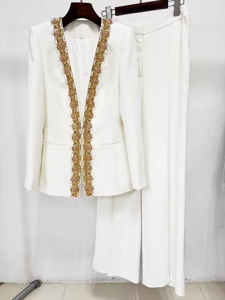 Beaded Suit Zipper Blazer+Wide Leg Pants Two-Piece Set