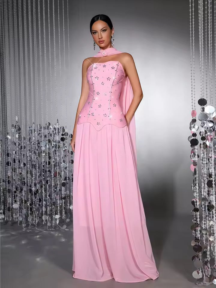Diamond Strapless 2-piece Dress with Scarf Pink dress