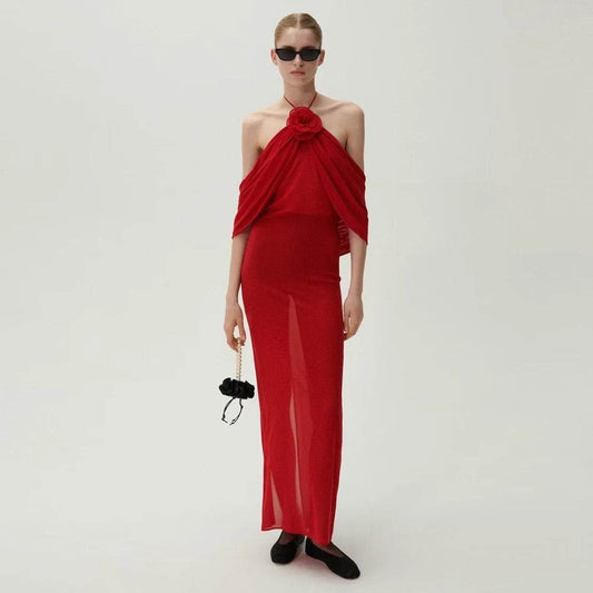 Open Back Hanging Neck Sleeveless 3D Flower Long Bandage Dress - REBECATHELABEL