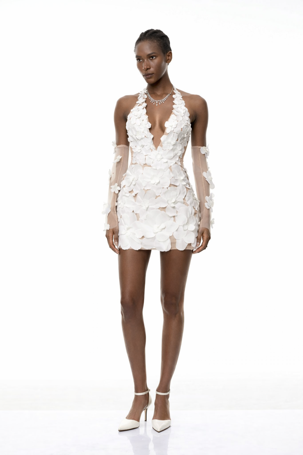 White Halterneck 3D Petal Mini Dress