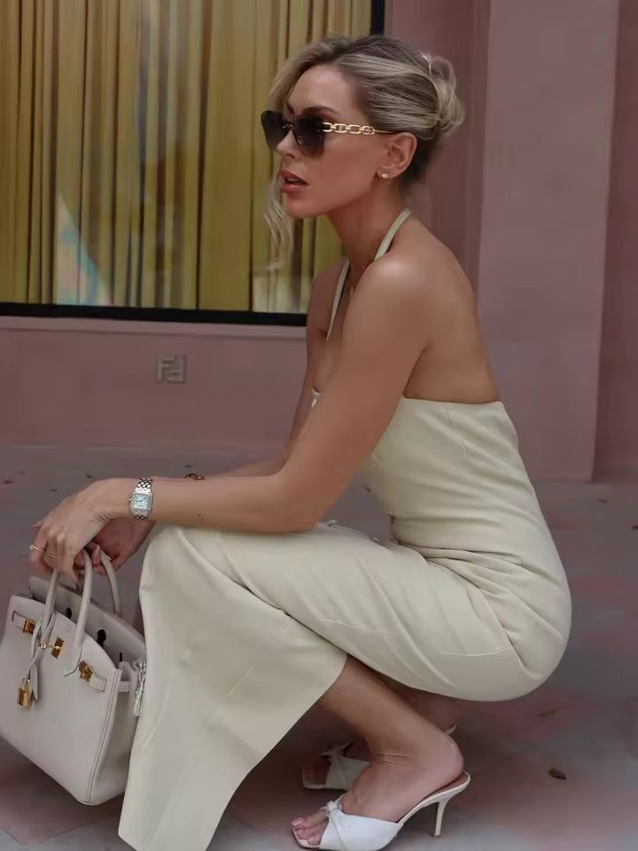 Halter Solid Button Maxi Dress