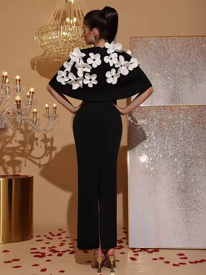 Black Splicing Appliques Shawl Sleeves Slim Long Dress