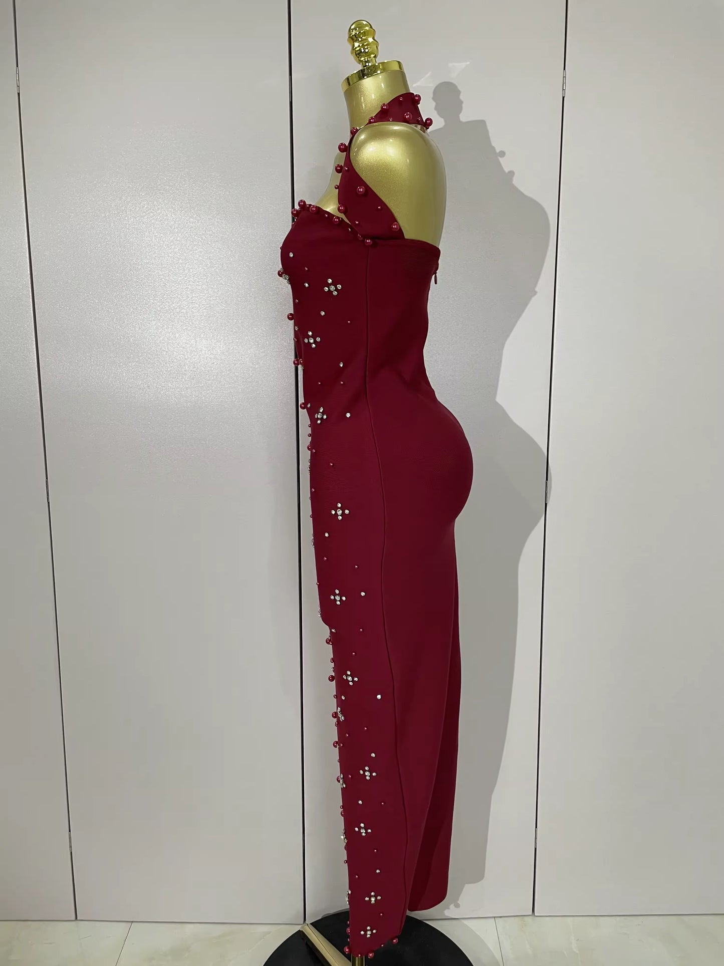 Sparkly Rhinestone Pearl Sleeveless Bodycon Bandage Long Dress