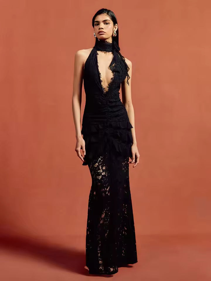 Lace Patchwork Halter Long Dress