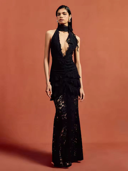 Lace Patchwork Halter Long Dress