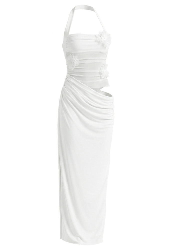 Halter Floral Mesh Maxi Dress White