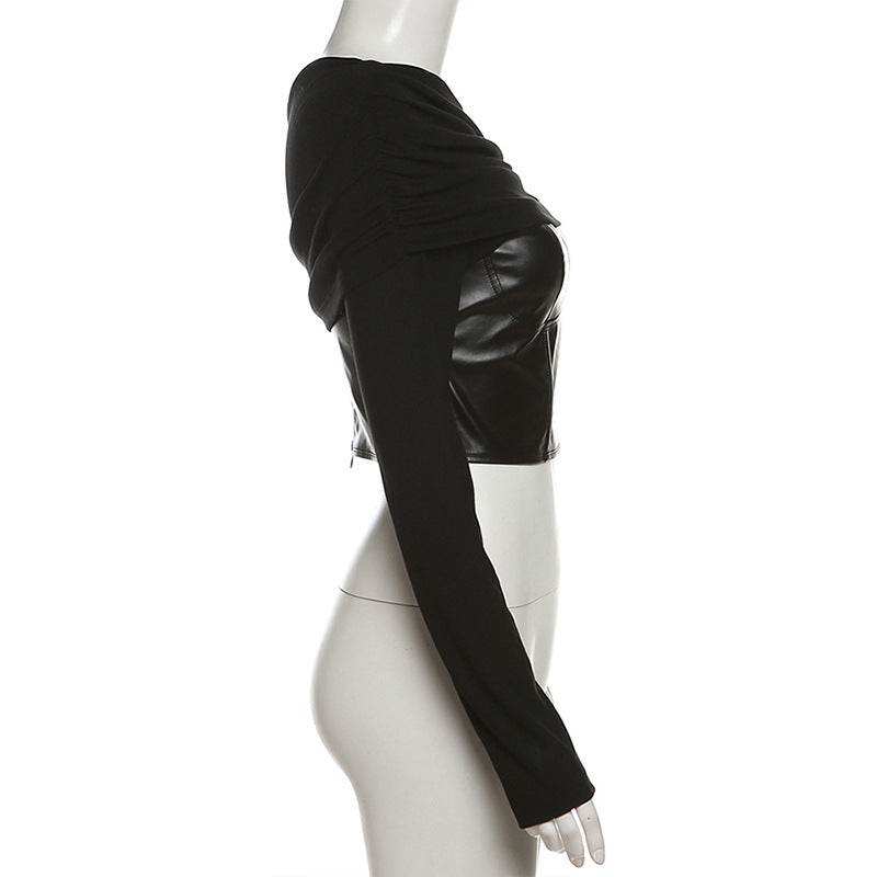 Oblique Collar off Shoulder Sexy Slim Fit All Match Short Long Sleeve Top - REBECATHELABEL