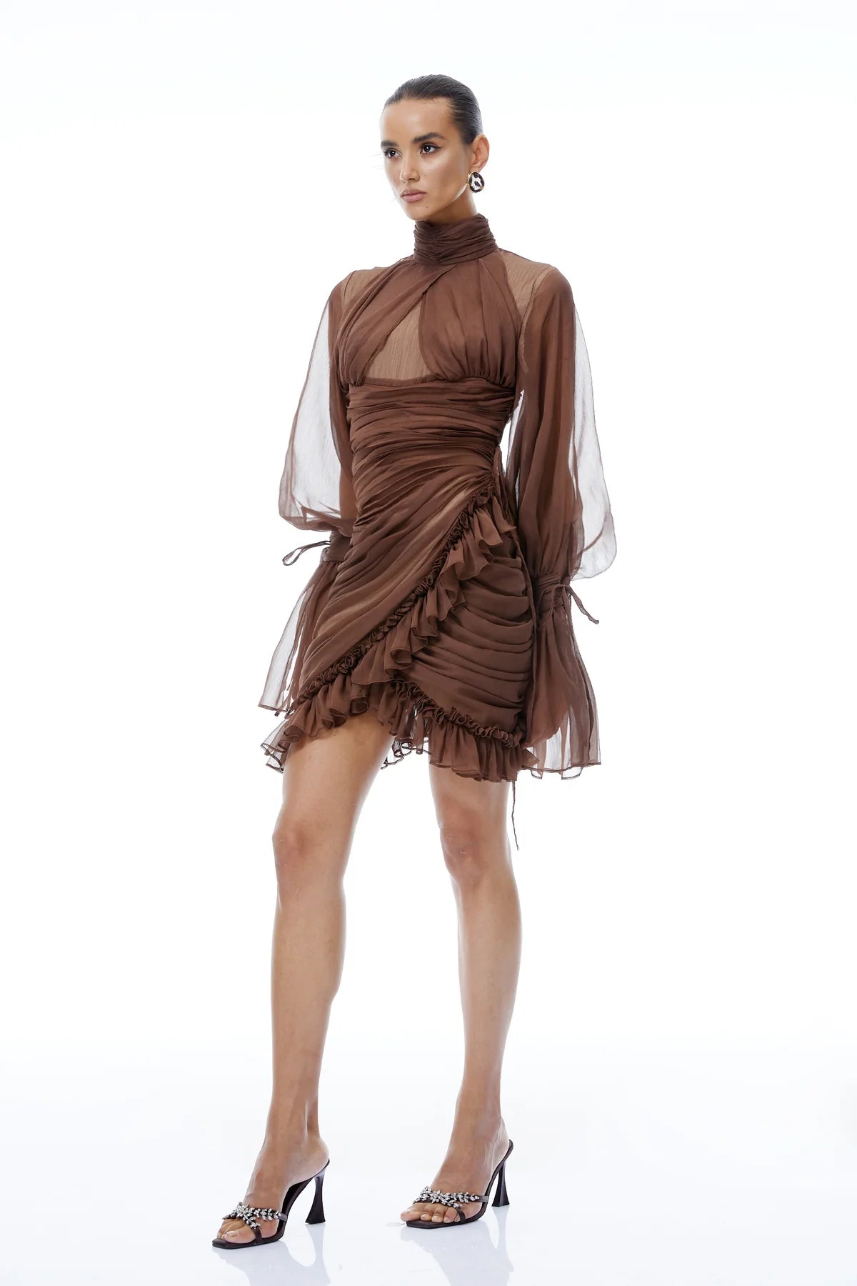 Brown Ruched Tulle Mini Dress
