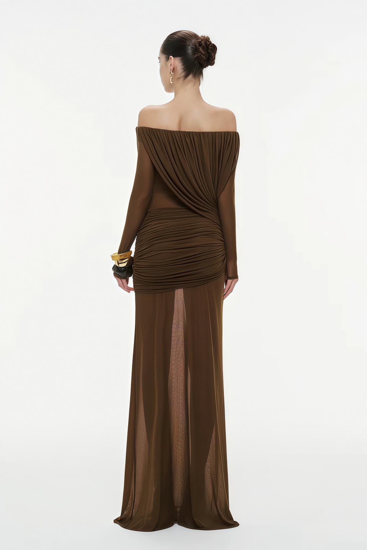 Brown Asymmetrical Draped Mesh Maxi Dress