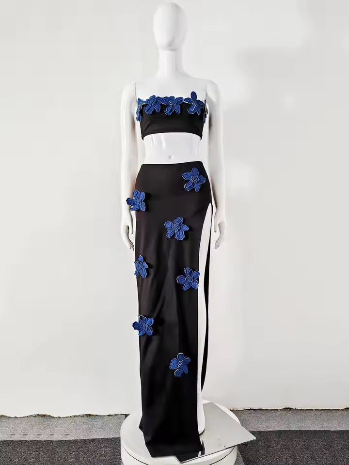 3D Flowers Sexy Party Two Piece Set Strapless Crop Top And Long Skirts 2 Pieces Set