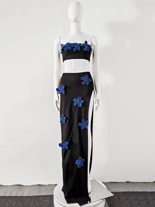 3D Flowers Sexy Party Two Piece Set Strapless Crop Top And Long Skirts 2 Pieces Set