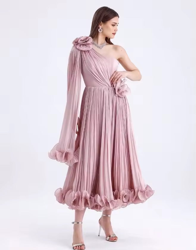 One Shoulder Tea Length Backless Zipper Wrinkle dress