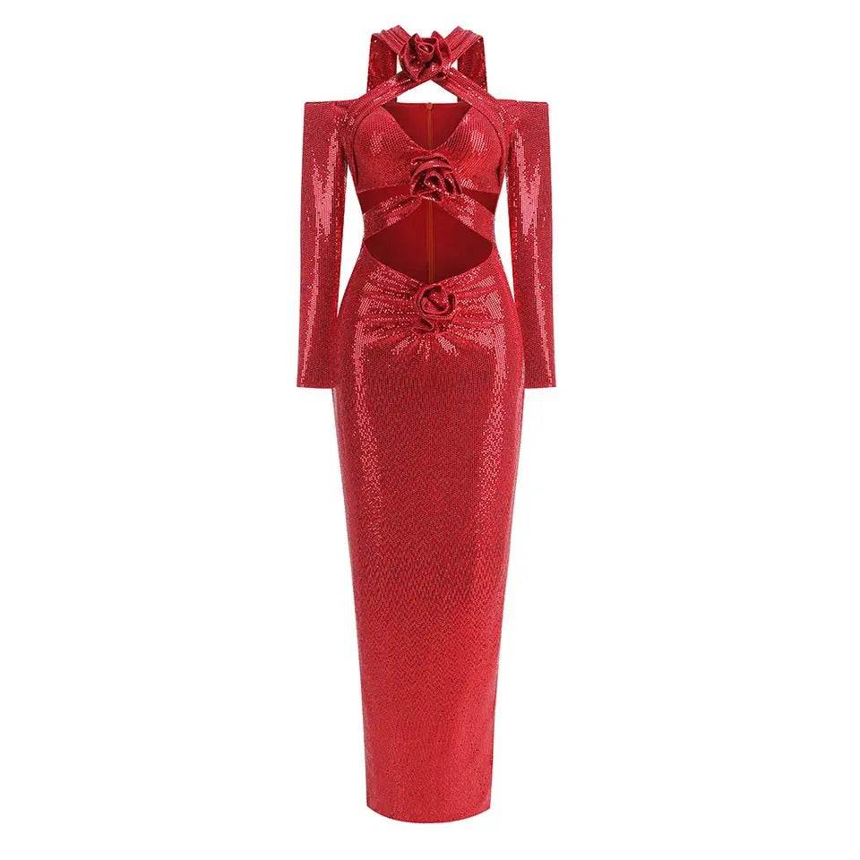 Red Sequins Sexy Hollow Tight Long Dress - REBECATHELABEL