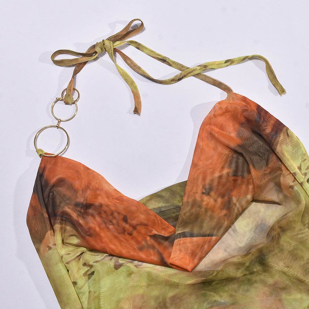 Mesh Floral Print Cropped Exposed Irregular Asymmetric Dress - REBECATHELABEL