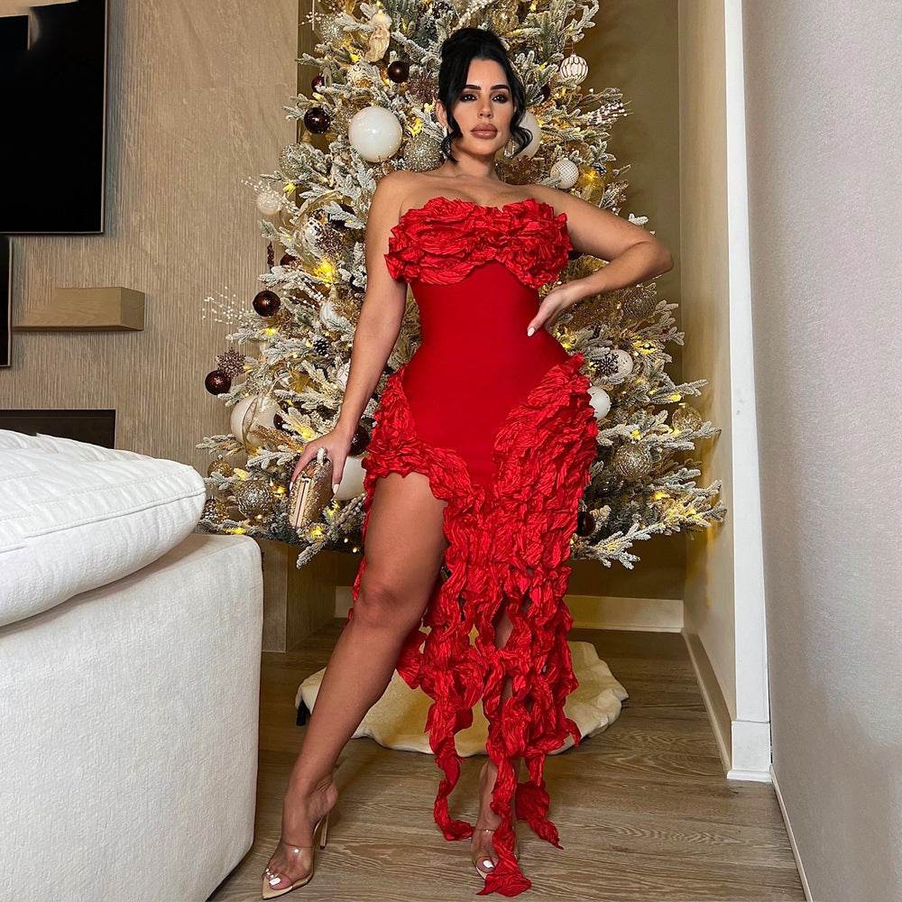 Strapless Ruffles Tassel Splicing Irregular dress - REBECATHELABEL