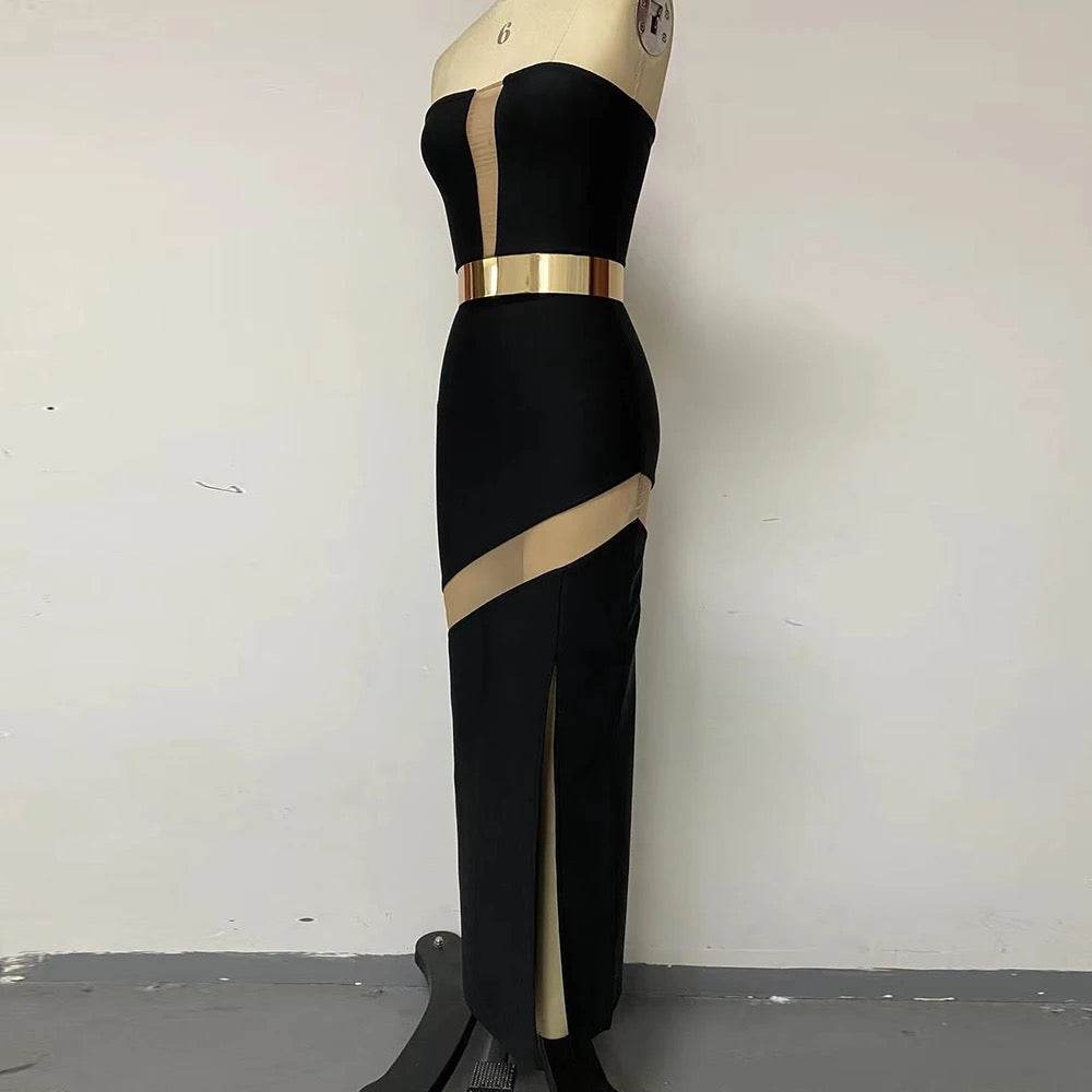 Strapless V-neck Mesh Spliced Gold Belt Long Bandage Dress - REBECATHELABEL