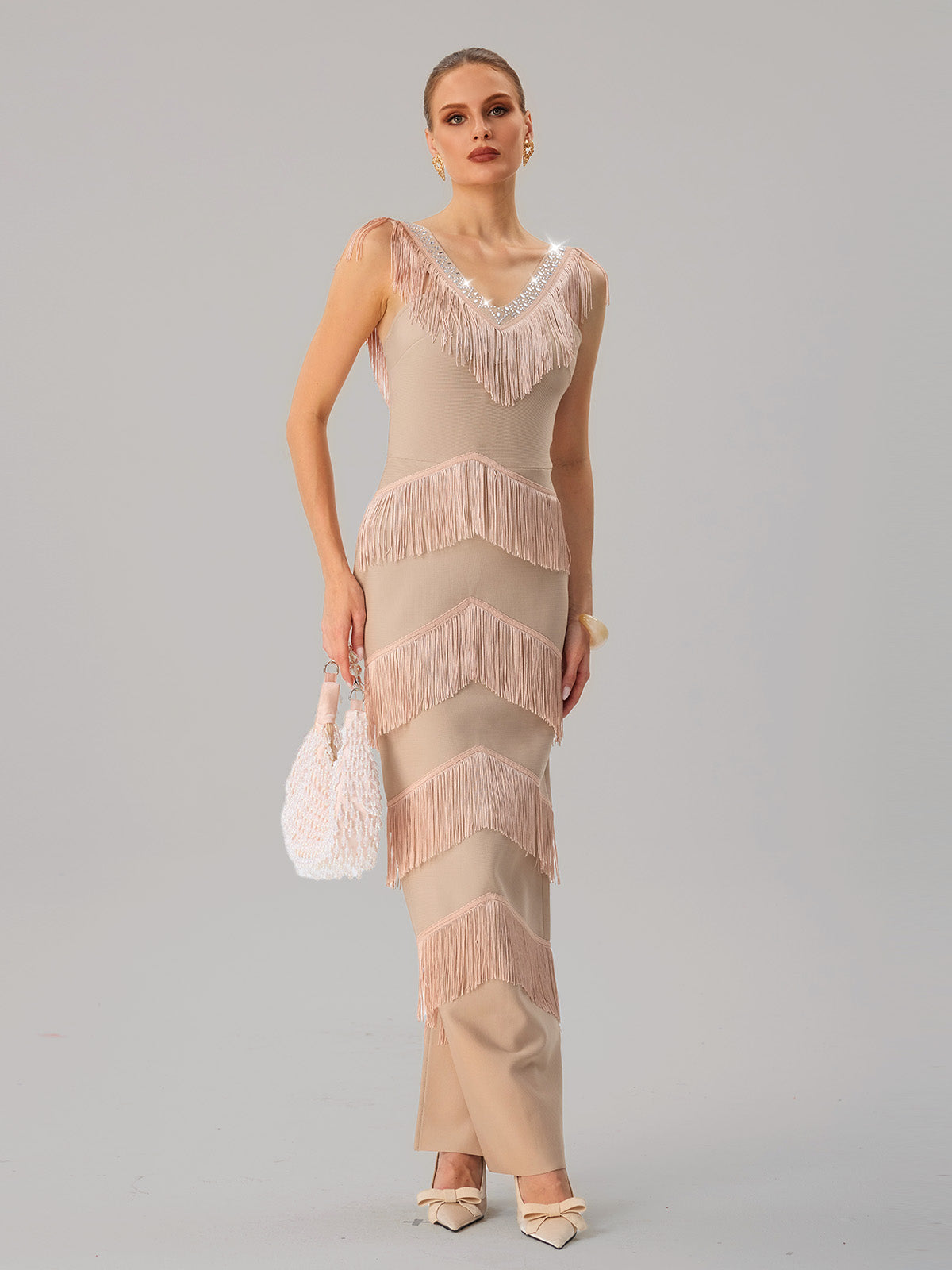 Neck Fringe Split Bandage Maxi Dress