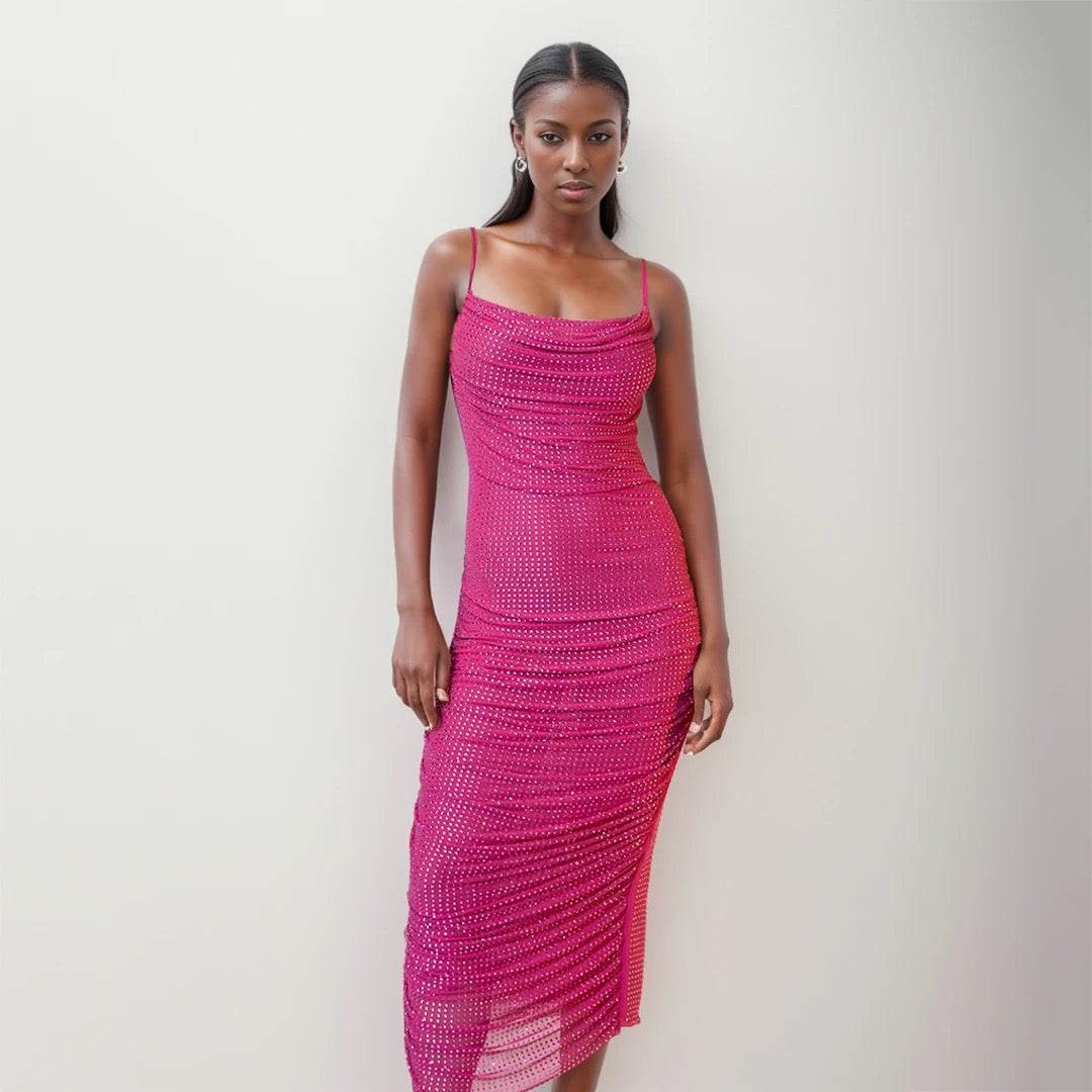 Sleeveless Pleated Diamond Mesh Midi Dress - REBECATHELABEL