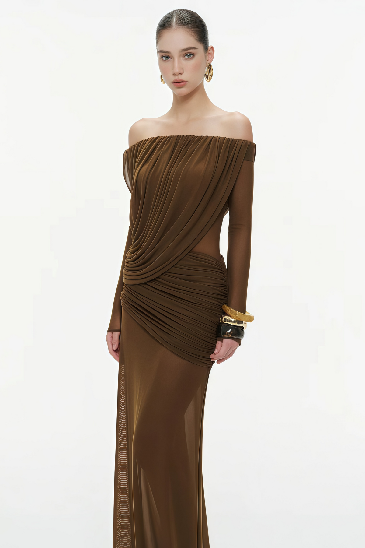 Brown Asymmetrical Draped Mesh Maxi Dress