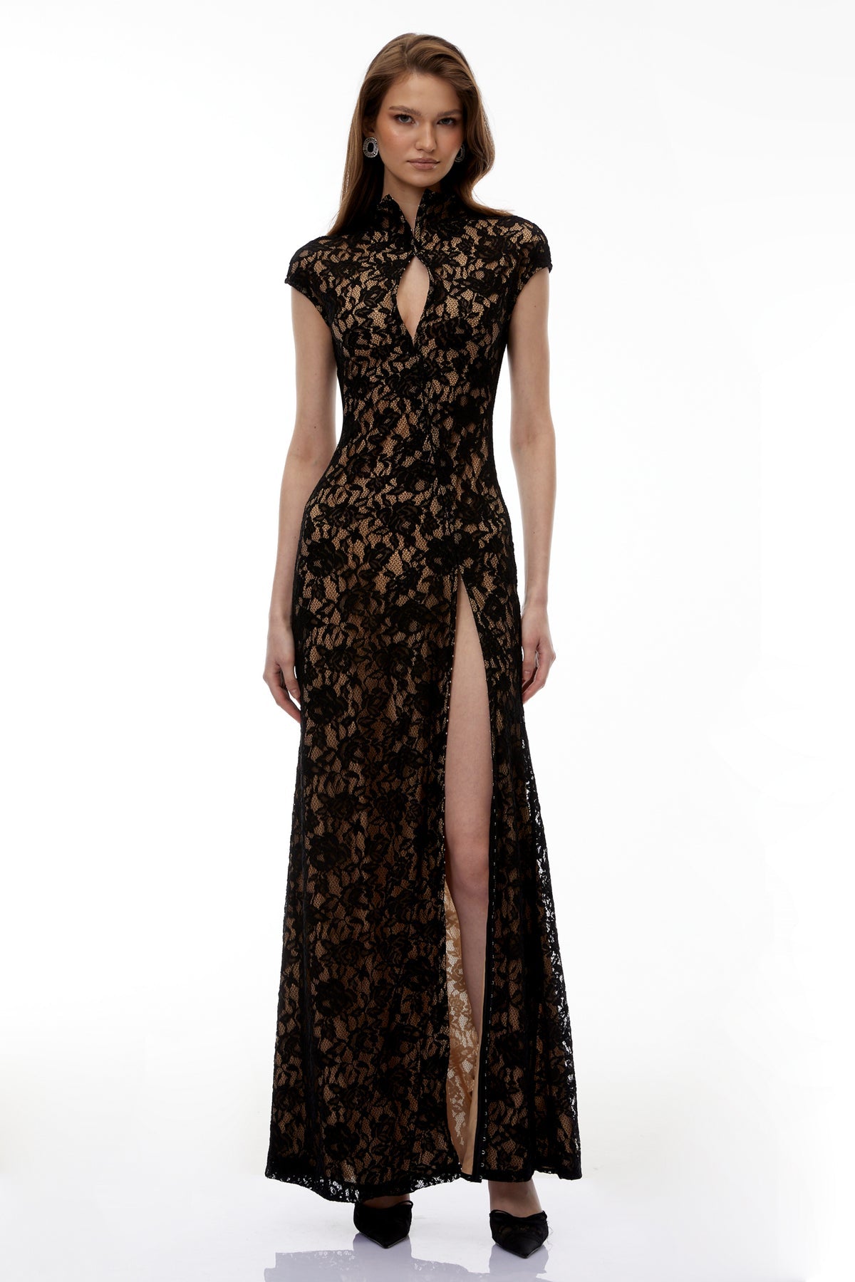 Black Keyhole Lace Maxi Dress with High Thigh Slit