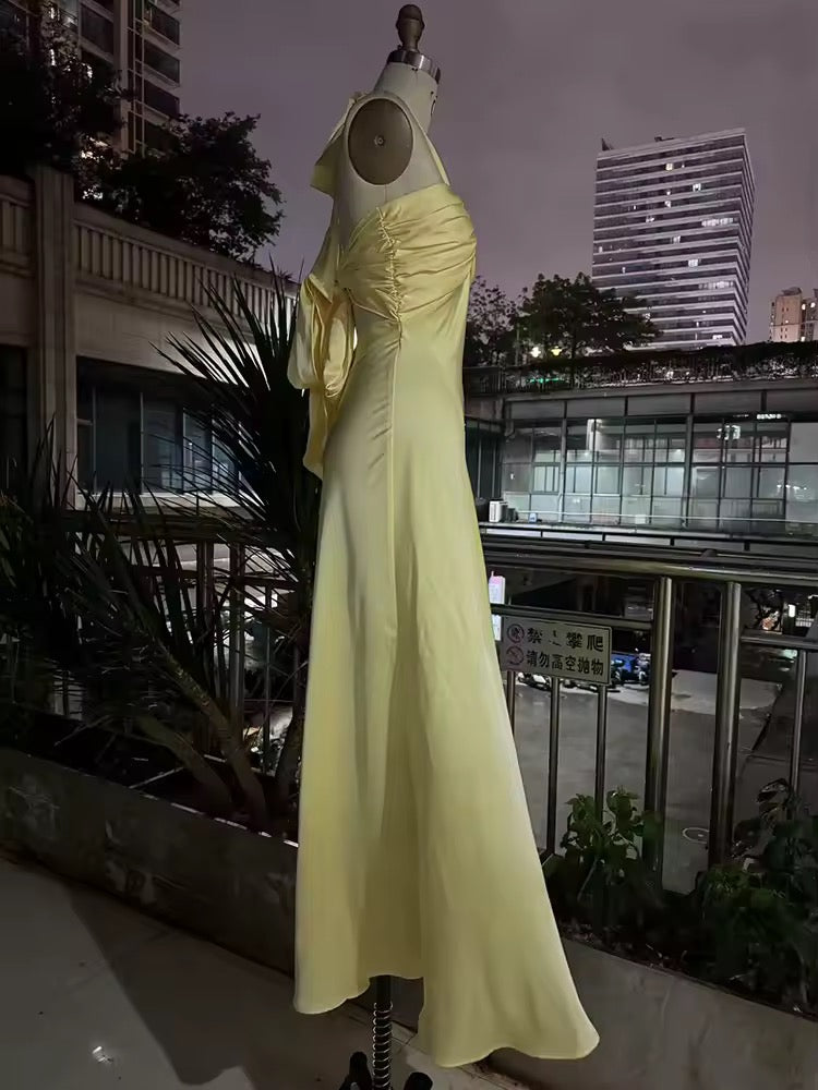 Yellow Sleeveless Halter Neck Backless Slim Long Dress
