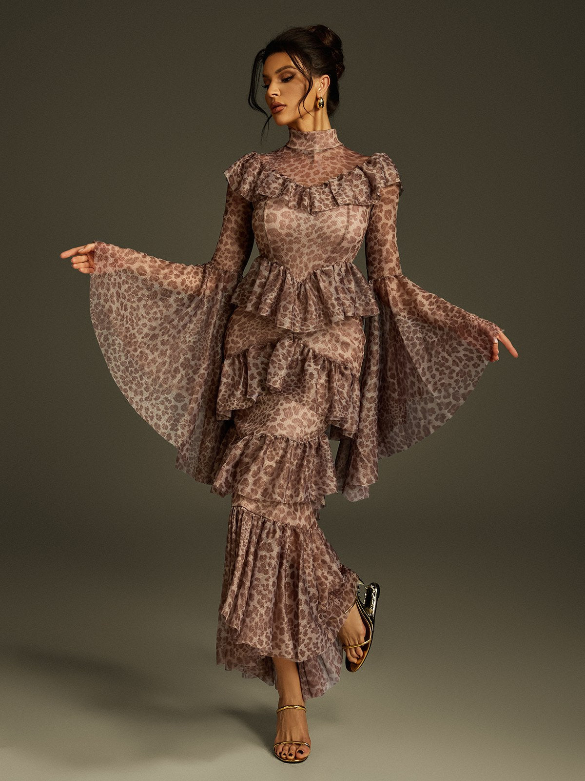 Leopard Slimming Spliced Ruffles Folds Sexy Dress