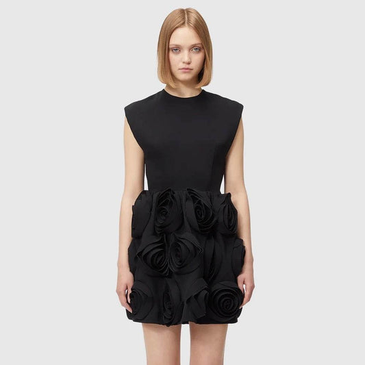 Sleeveless 3D Rose Applique Black Tight Mini Dress - REBECATHELABEL