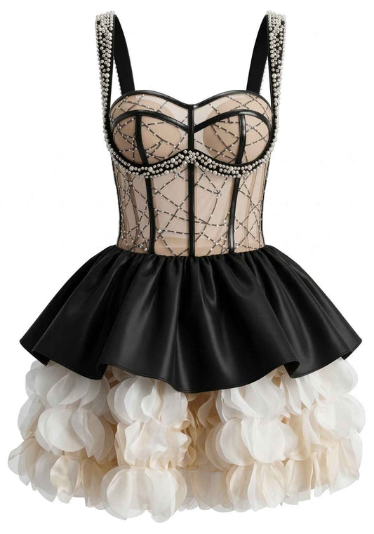 Crystal Bustier Petal A Line Dress Black