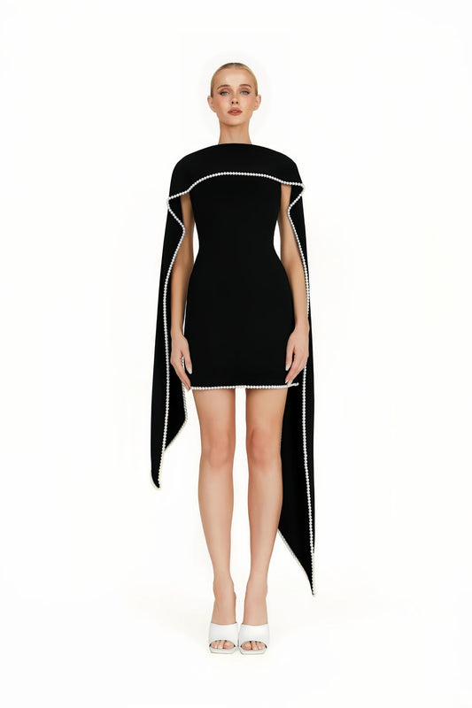 Black Sleeveless Pearl Trim Mini Dress