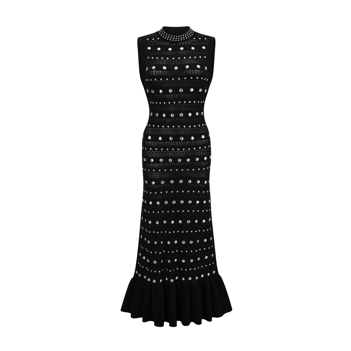studded crochet-knit maxi dress in Black