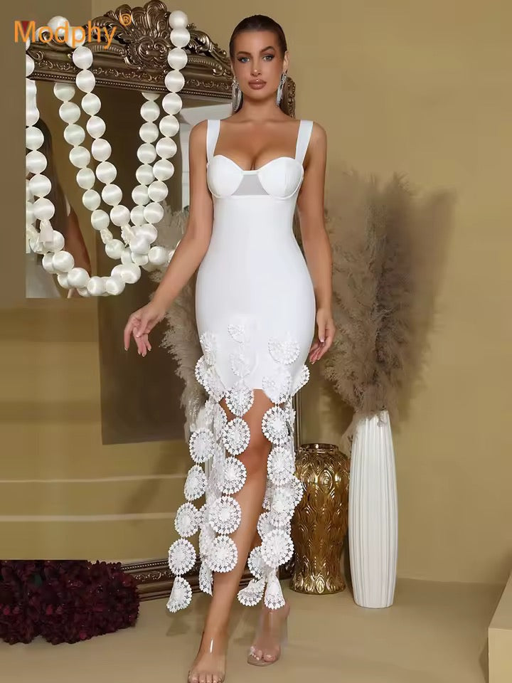 Splicing lace tassels Spaghetti Strap Backless dress