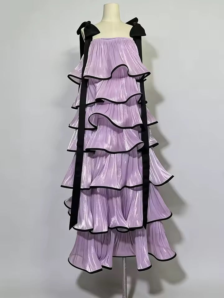 Tiered Ruffles Satin Long Square Neck Sleeveless Bowknot Strap dress