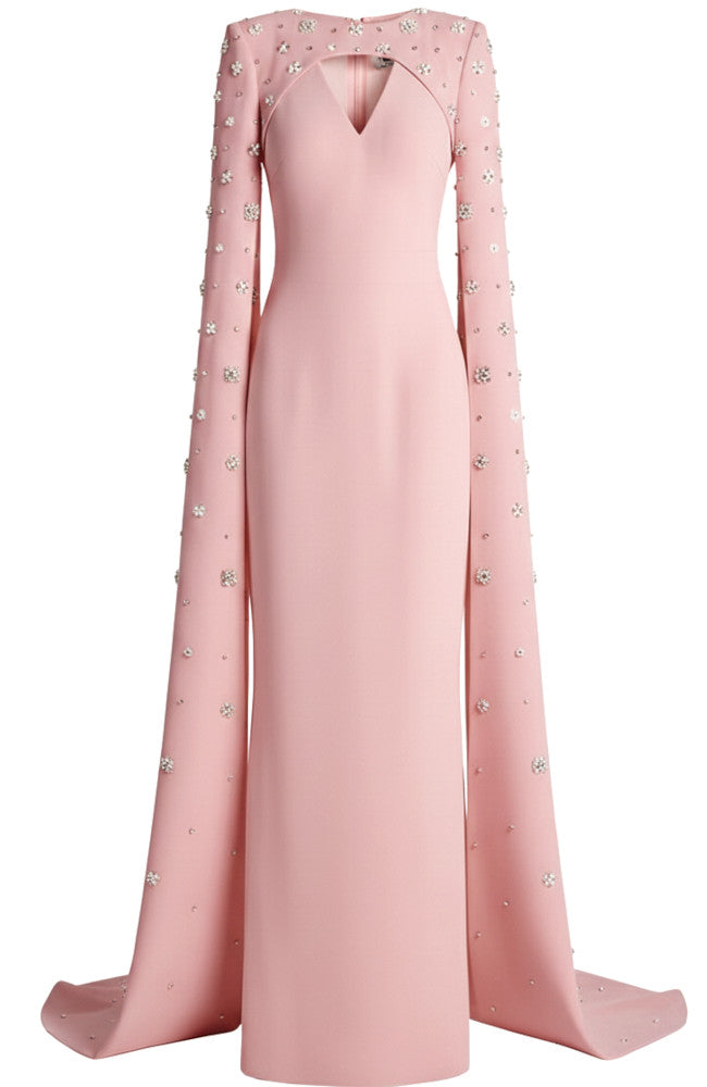 Crystal Cape Sleeve Maxi Dress Pink