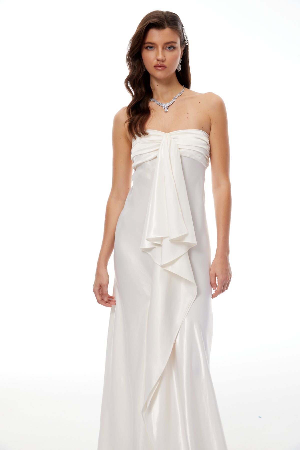 Strapless Ruffled Satin Maxi Dress