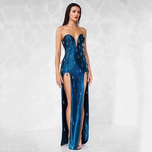 Blue Sexy Strapless Crystal Decoration Tight Split Long Dress - REBECATHELABEL