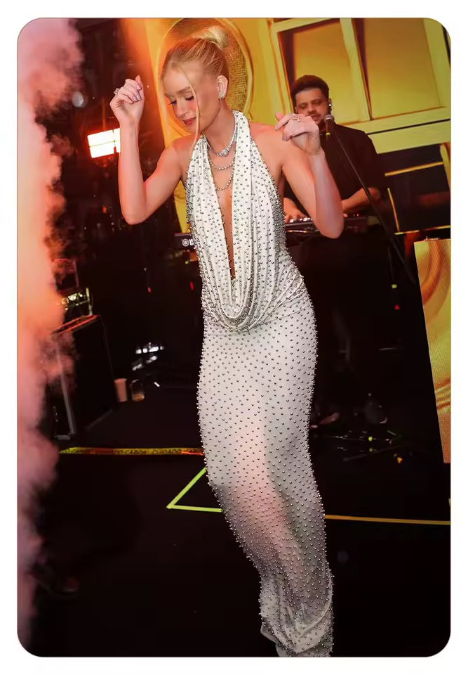 Gala Chic White Beaded Halter Sleeveless V-Neck Open-Back dress